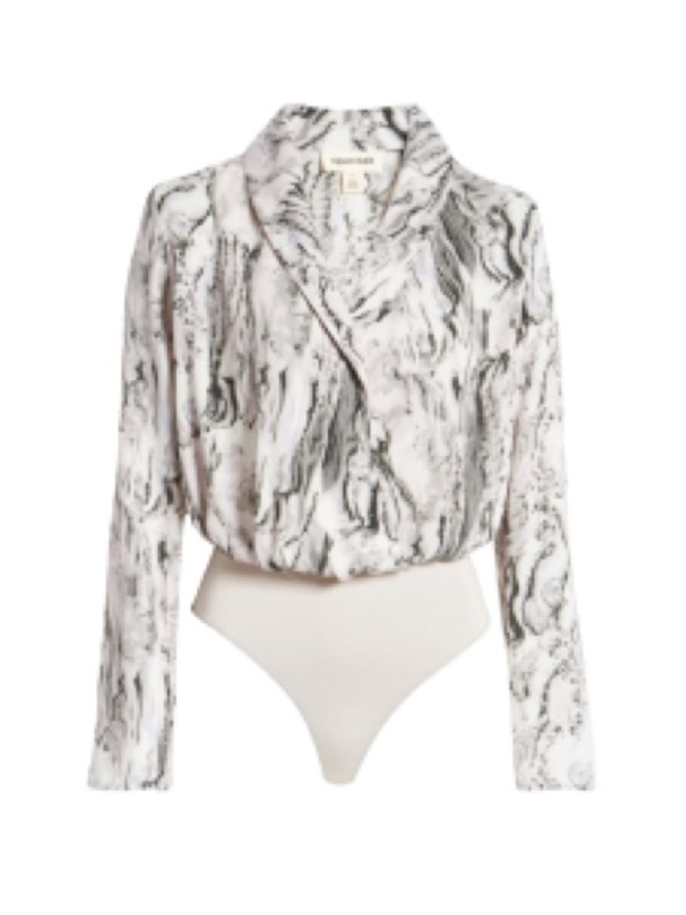 Open Edit Marble-Print Draped Long-Sleeve Bodysuit - White/Gray Size XS